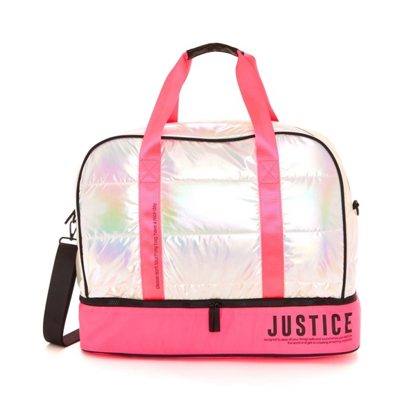 Justice Girls Weekender Duffel Handbag Pink and White Shiny Nylon - Picture 2 of 6